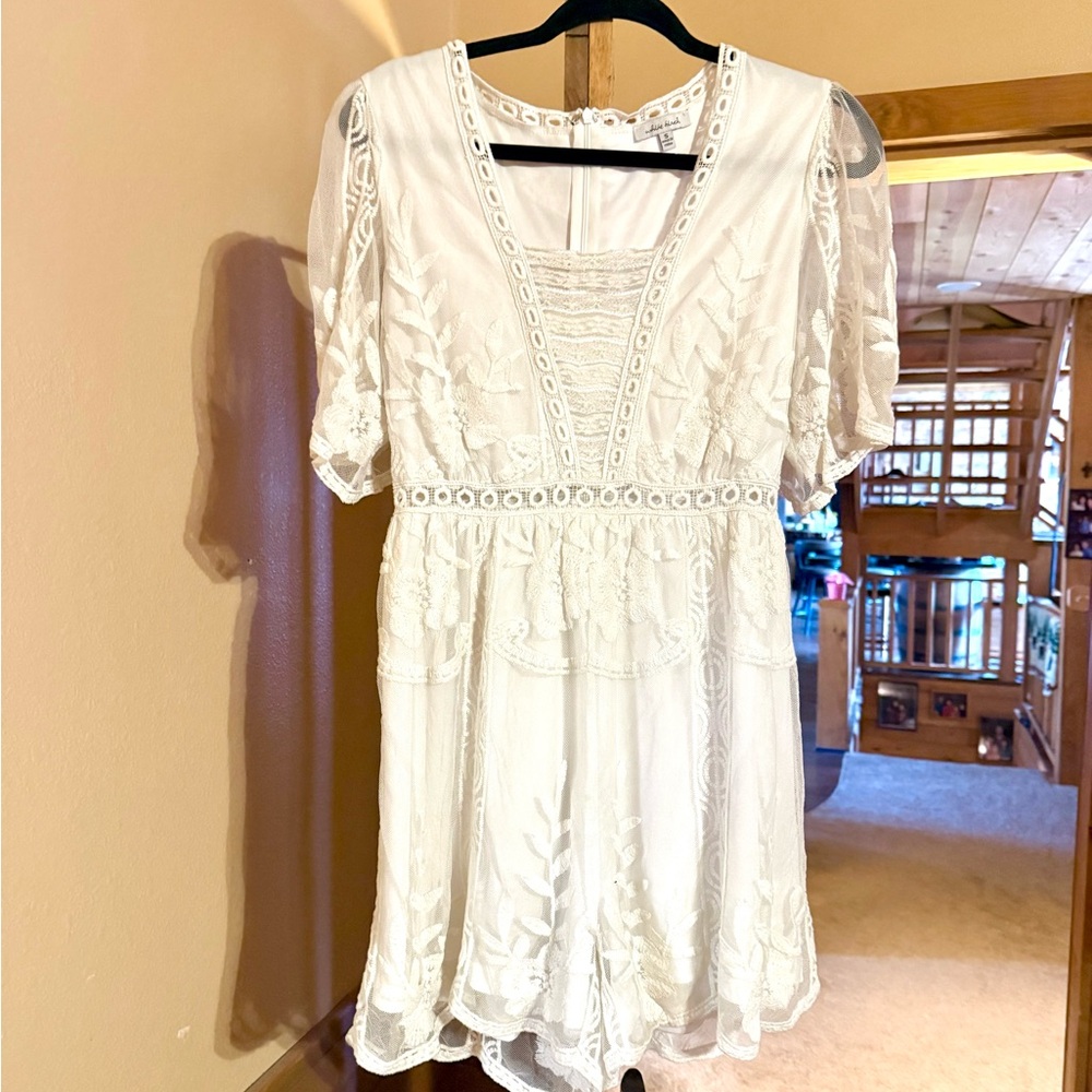 White Lace Mini Dress/romper with Embroidered Detail